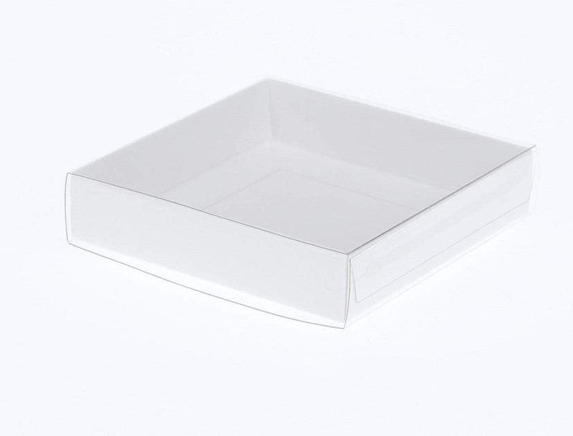 100 Pack of 10cm Square Invitation Coaster Favor Function product Presentation Cookie Biscuit Patisserie Gift Box - 2cm deep - White Card with Clear Slide On PVC Lid