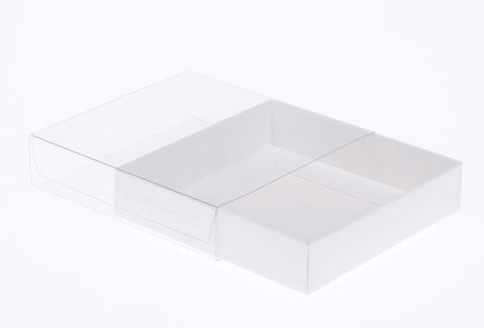 50 Pack of 10cm Square Invitation Coaster Favor Function product Presentation Cookie Biscuit Patisserie Gift Box - 2cm deep - White Card with Clear Slide On PVC Lid