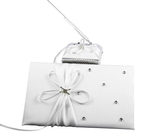 White Wedding Guest Book Register with Silver Pen Matching Stand Set 36 Lined Pages - White Ribbon and Diamante Bow Cover