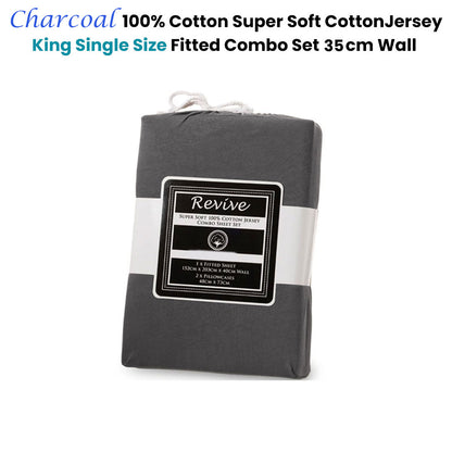 Revive Charcoal 100% Cotton Jersey Super Soft Fitted Sheet Combo Set King Single 35cm Wall