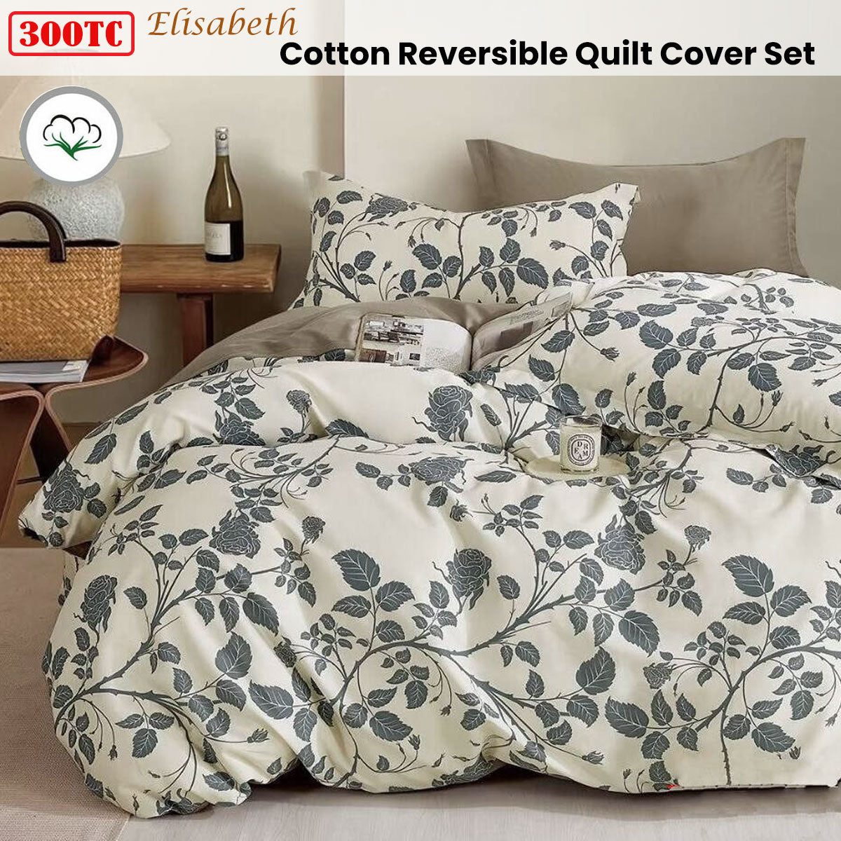 300TC Elisabeth Reversible Cotton Quilt Cover Set Queen