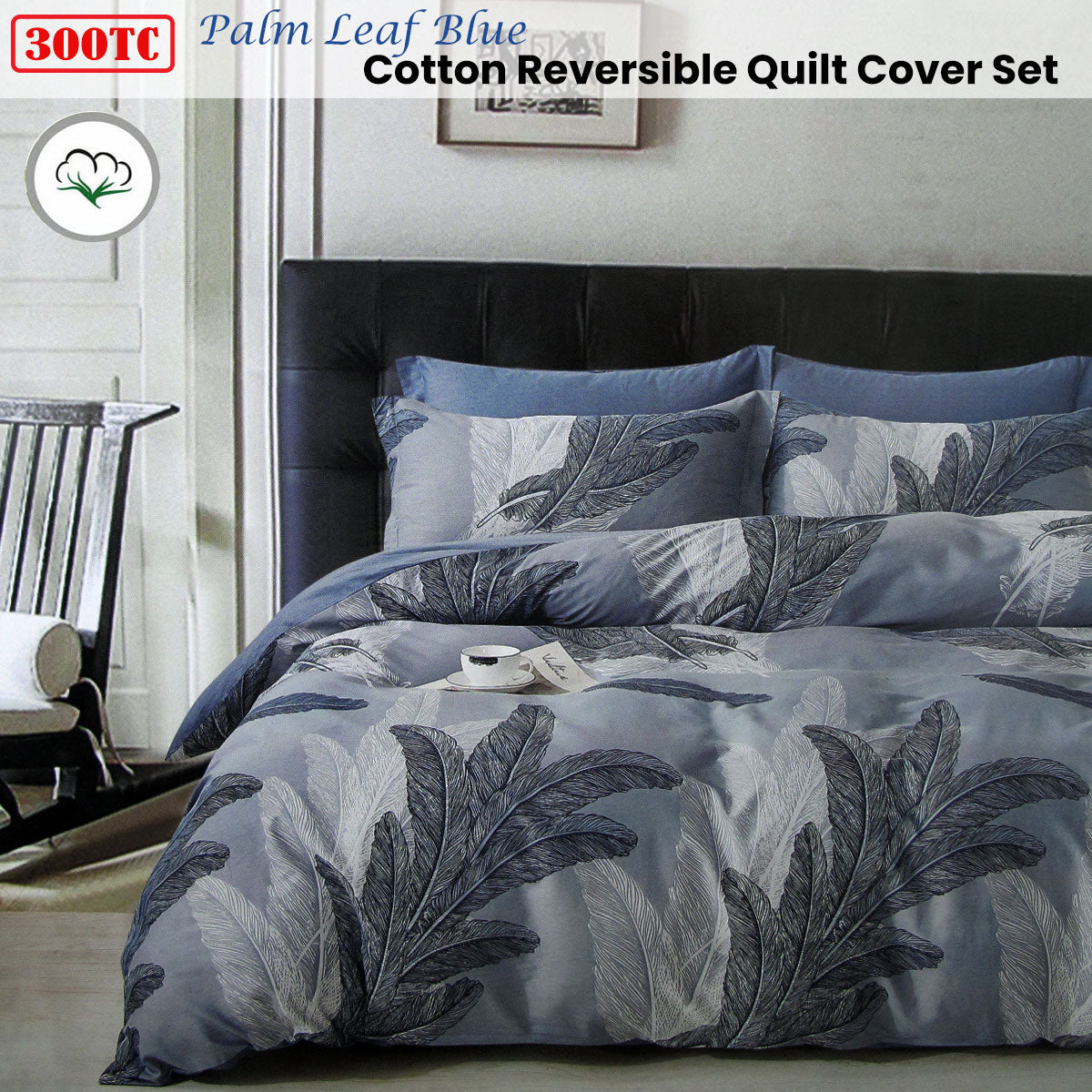 300TC Palm Leaf Blue Reversible Cotton Quilt Cover Set Queen