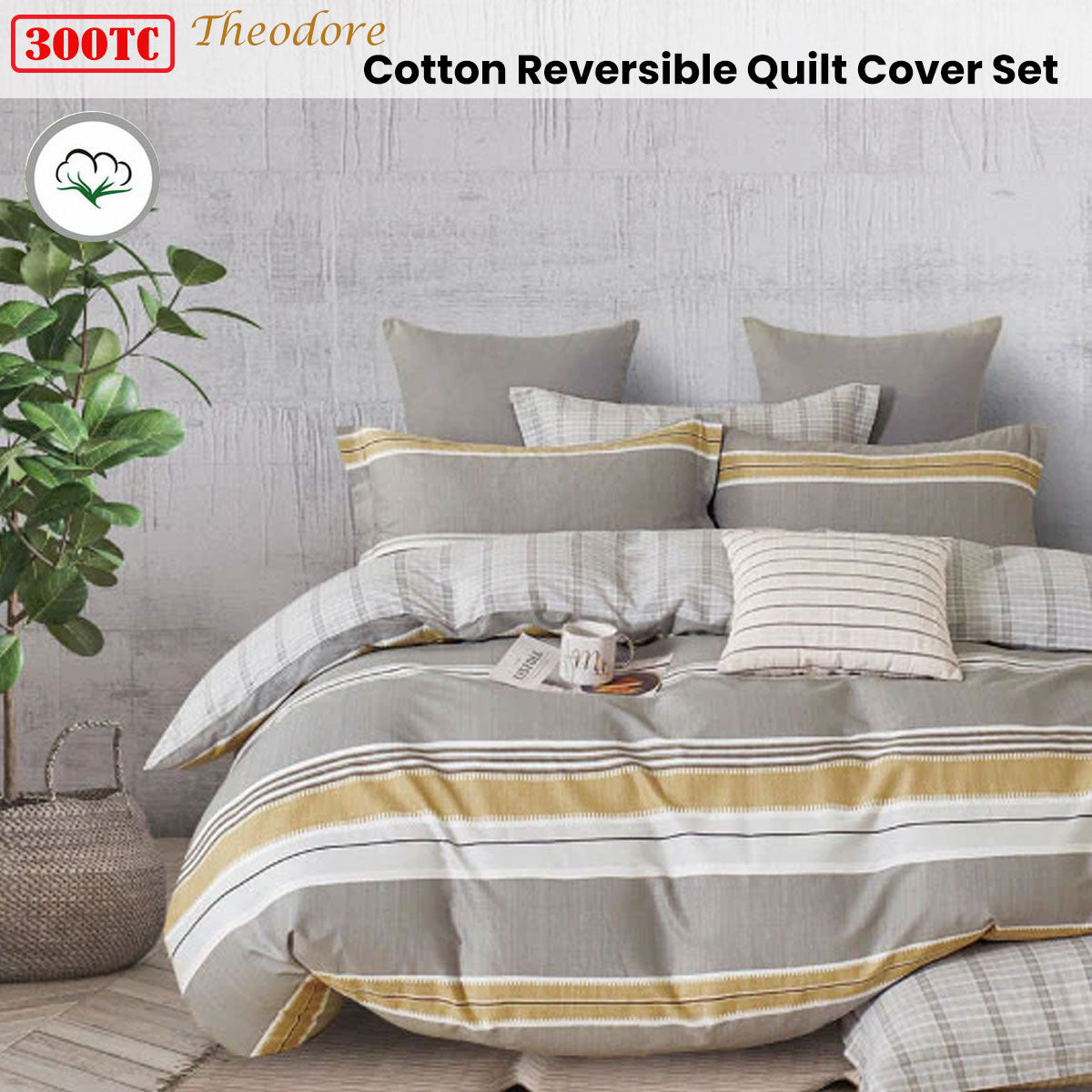 300TC Theodore Grey Reversible Cotton Quilt Cover Set King