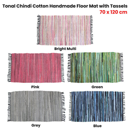 Tonal Chindi Cotton Handmade Floor Mat with Tassels 70 x 120 cm Blue