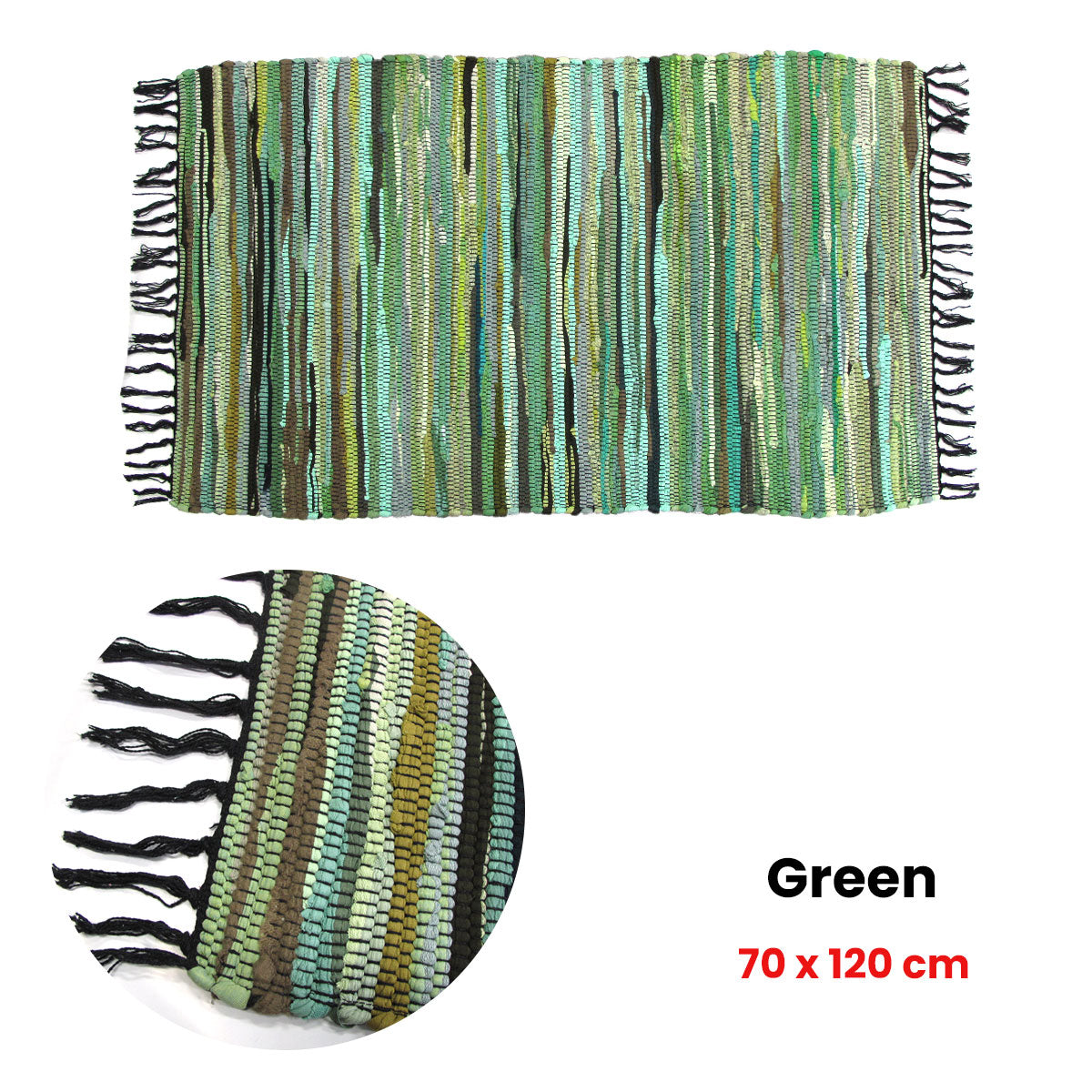 Tonal Chindi Cotton Handmade Floor Mat with Tassels 70 x 120 cm Green