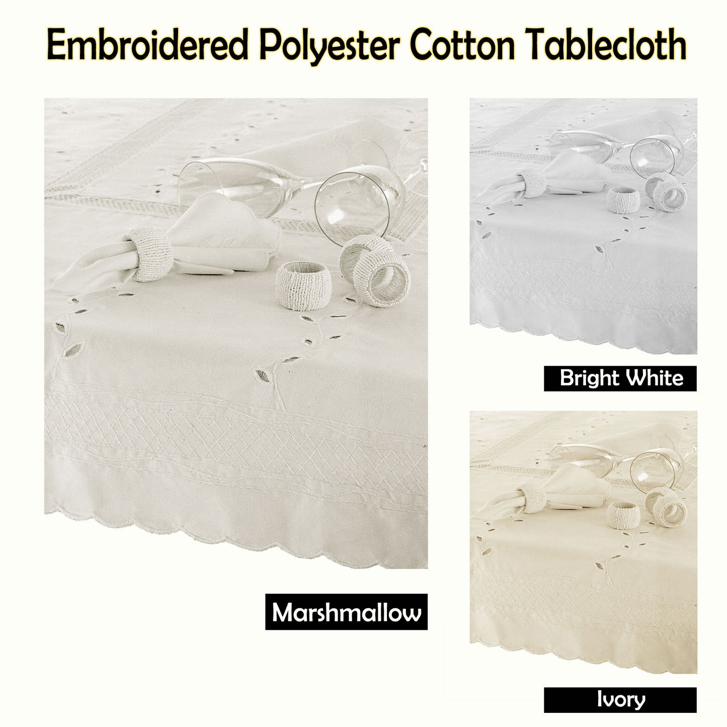 Embroidered Tablecloth - 170x360cm Oblong MARSHMALLOW