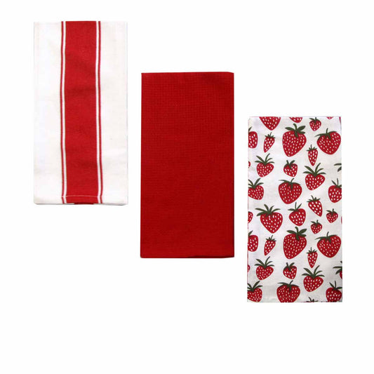 Home Oasis Set of 3 Printed Cotton Rich Tea Towels 50 x 70 cm Strawberry Red