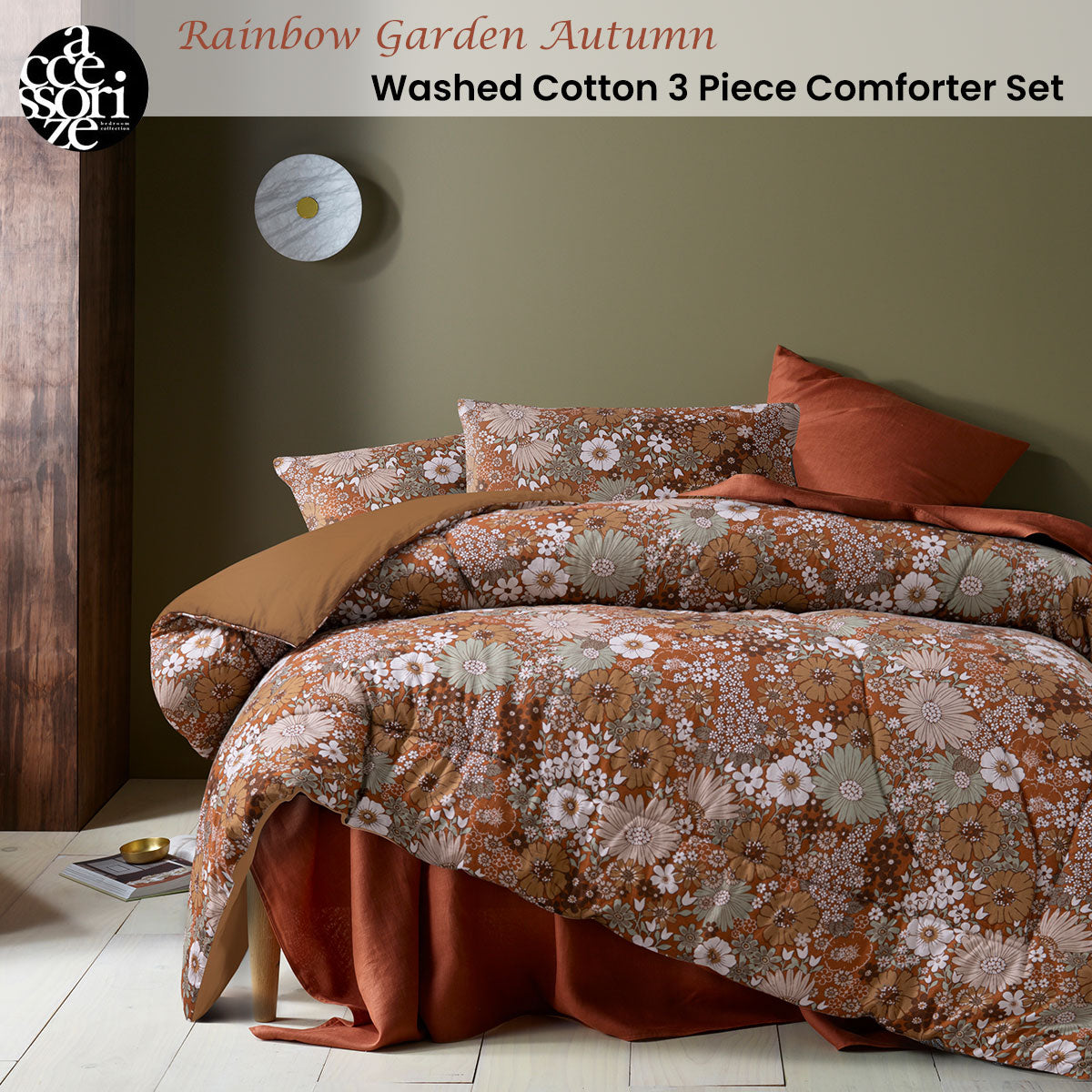 Accessorize 3 Pcs Rainbow Garden Autumn Washed Cotton Comforter Set King