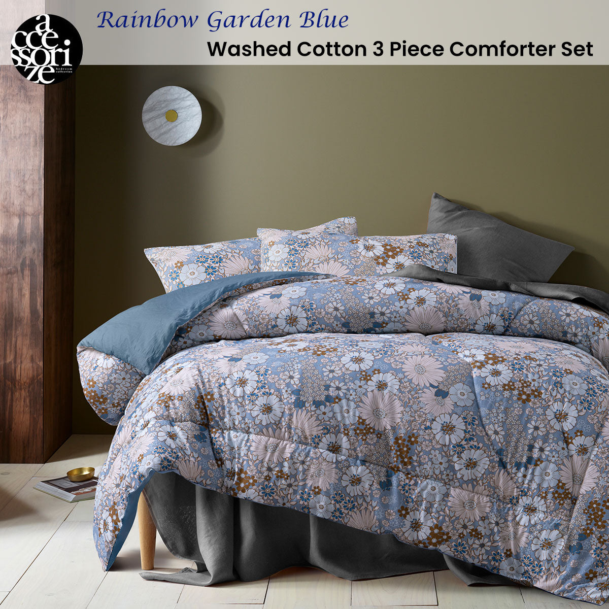 Accessorize 3 Pcs Rainbow Garden Blue Washed Cotton Comforter Set Double