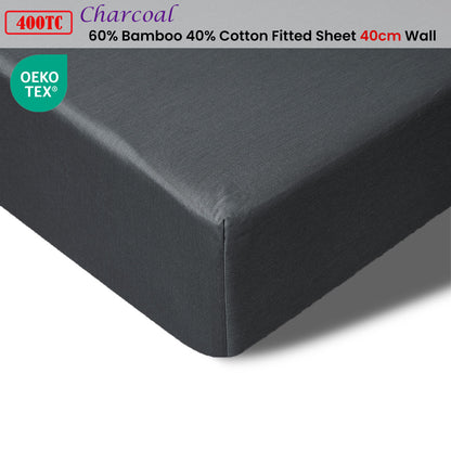 Accessorize 400TC Charcoal Bamboo Cotton Fitted Sheet 40cm Wall Double