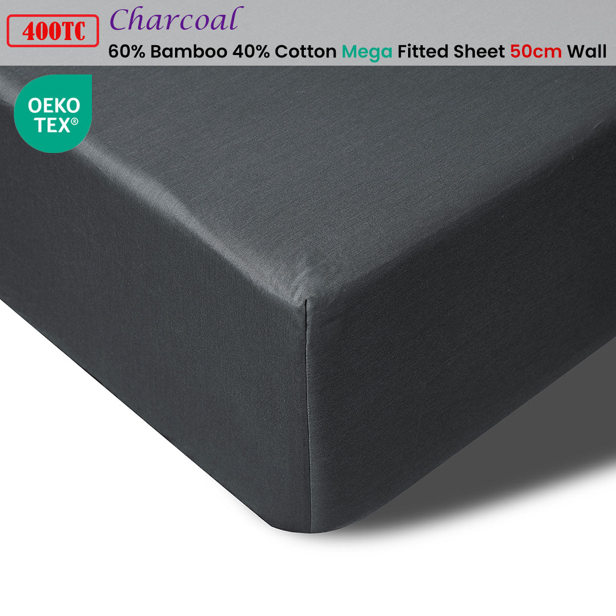 Accessorize 400TC Charcoal Bamboo Cotton Mega / Super Fitted Sheet 50cm Wall King