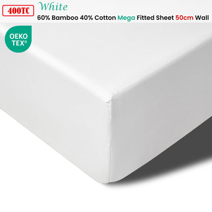 Accessorize 400TC White Bamboo Cotton Mega / Super Fitted Sheet 50cm Wall Queen