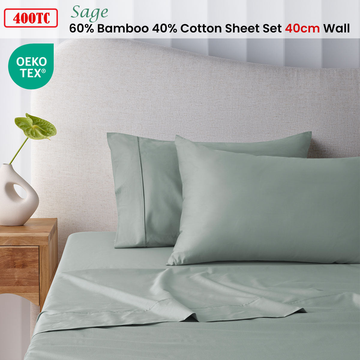 Accessorize 400TC Sage Bamboo Cotton Sheet Set 40cm Wall Single