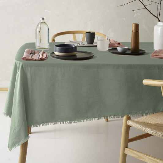 Vintage Design Homewares Gypsy Green Fringed Washed Linen Cotton Tablecloth 130cm x 180cm