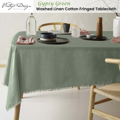 Vintage Design Homewares Gypsy Green Fringed Washed Linen Cotton Tablecloth 130cm x 180cm