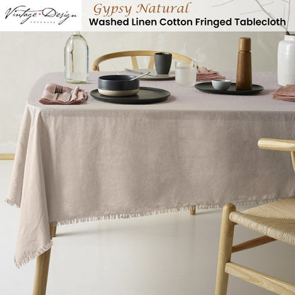 Vintage Design Homewares Gypsy Natural Fringed Washed Linen Cotton Tablecloth 130cm x 180cm