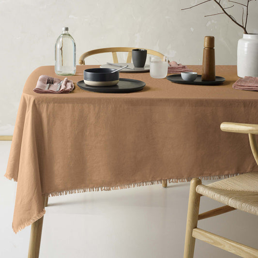 Vintage Design Homewares Gypsy Terracotta Fringed Washed Linen Cotton Tablecloth 130cm x 180cm