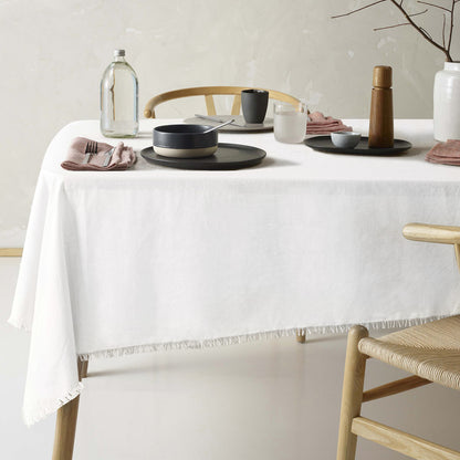 Vintage Design Homewares Gypsy White Fringed Washed Linen Cotton Tablecloth 130cm x 180cm