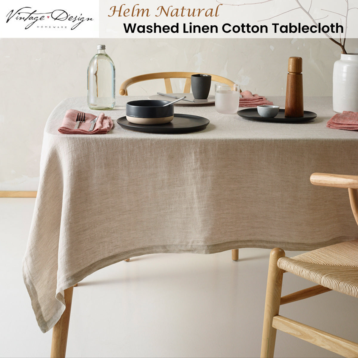 Vintage Design Homewares Helm Natural Washed Linen Cotton Tablecloth 180cm Diameter Round