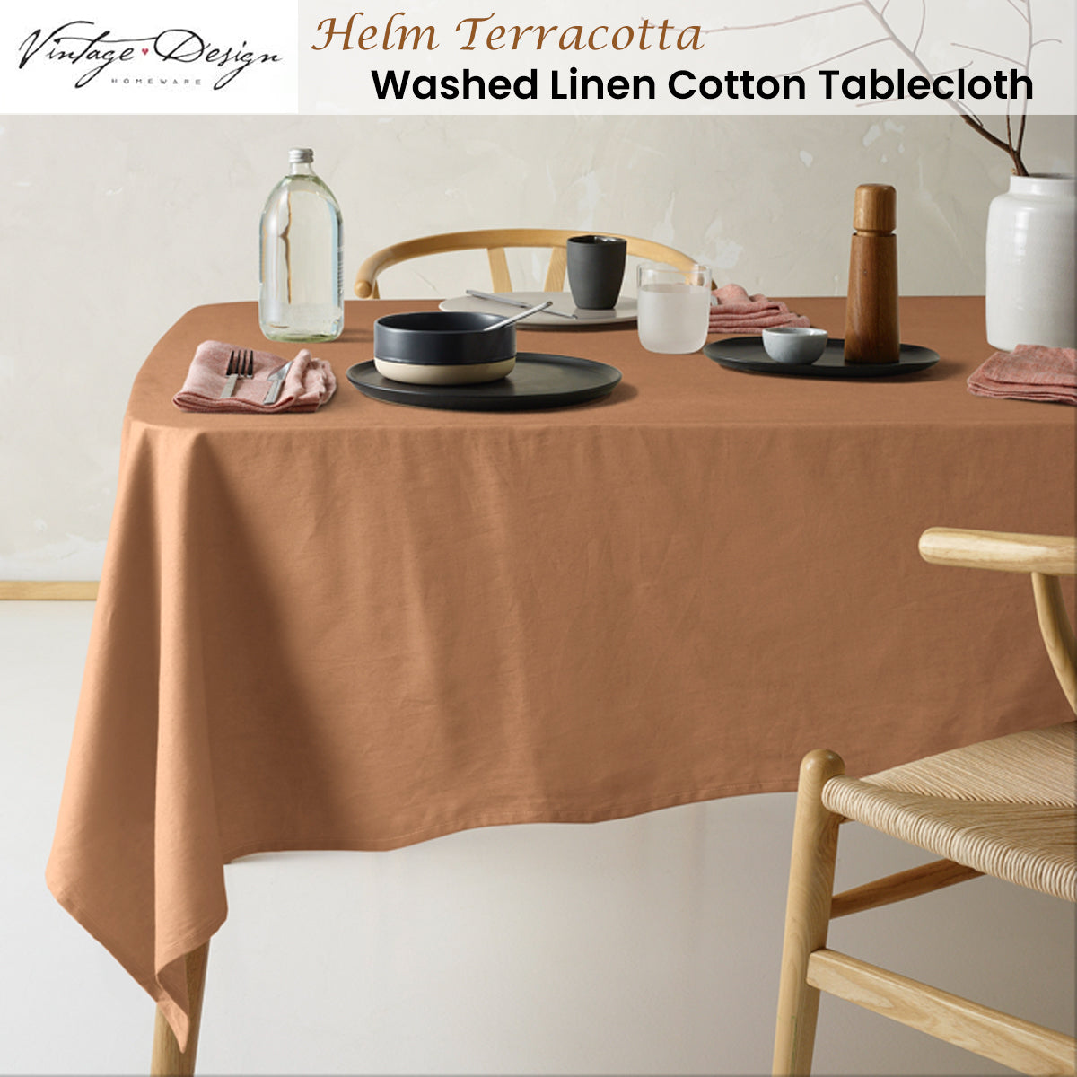 Vintage Design Homewares Helm Terracotta Washed Linen Cotton Tablecloth 180cm Diameter Round