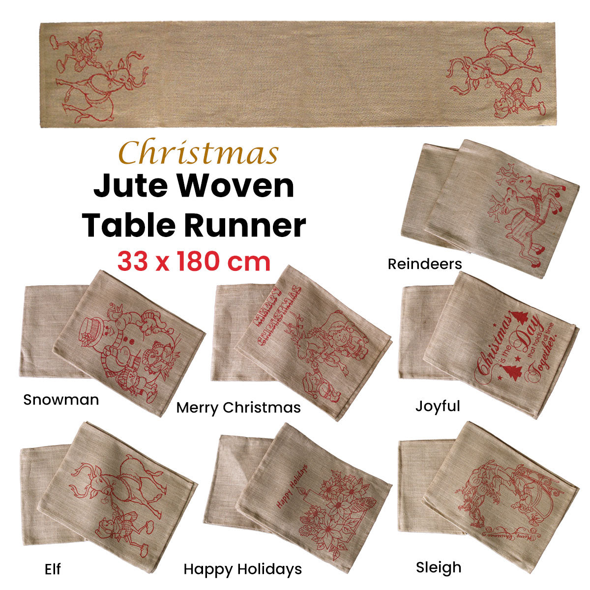 Christmas Jute Woven Taupe Table Runner 33 x 180cm Happy Holidays