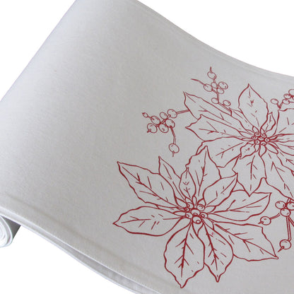 Christmas Print White Table Runner 33 x 180cm Poinsettia