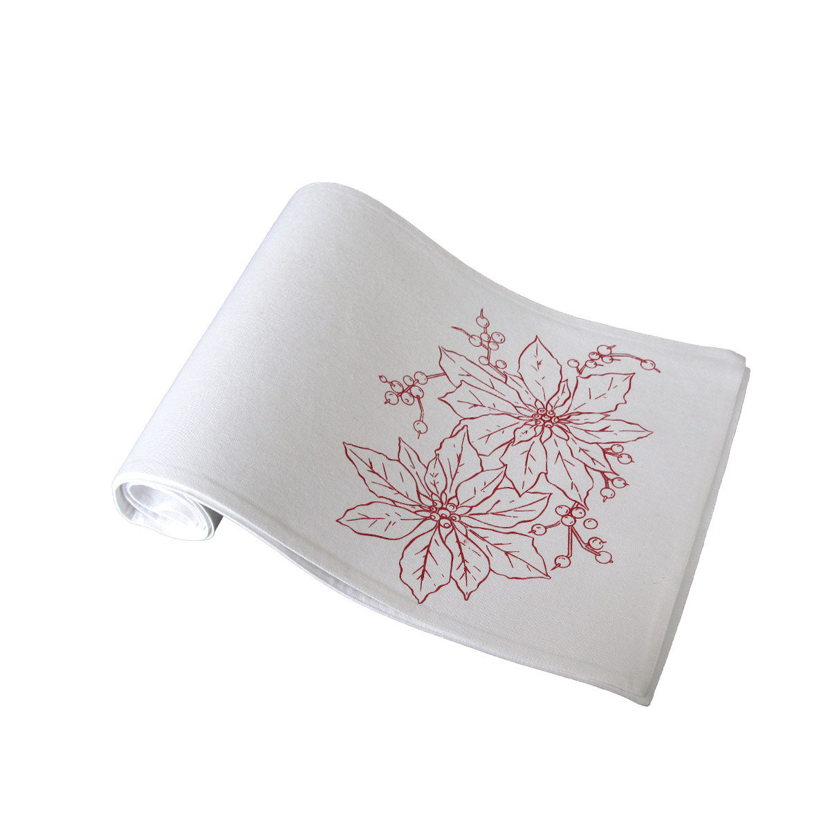 Christmas Print White Table Runner 33 x 180cm Two Poinsettia