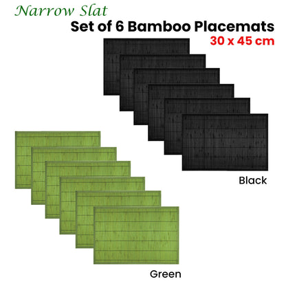 Set of 6 Narrow Slat Bamboo Table Placemats 30 x 45cm Black