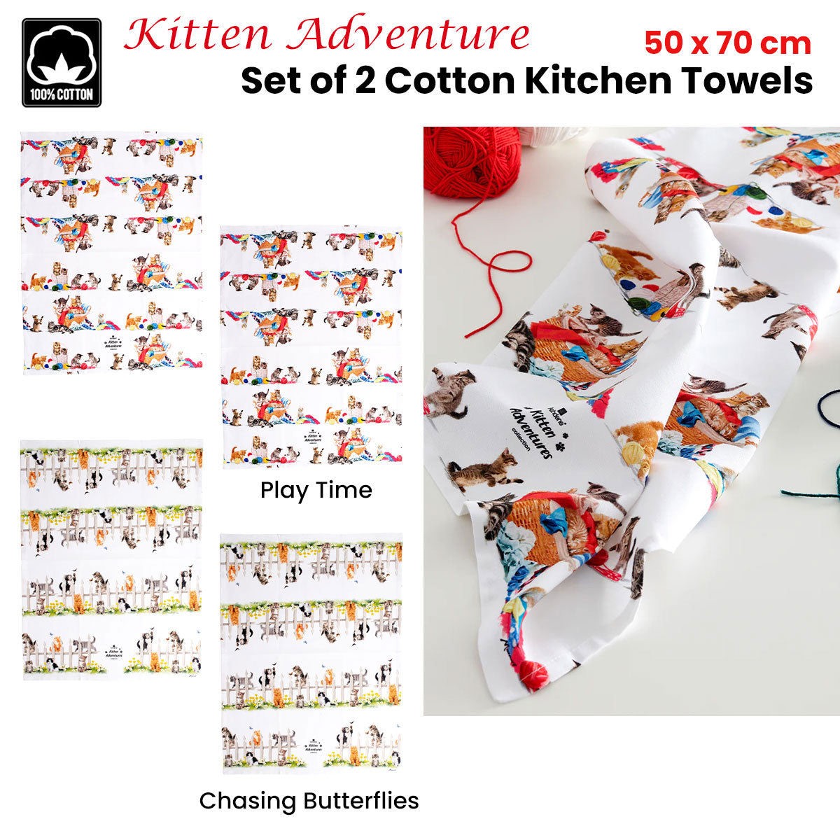 Ashdene Set of 2 Kitten Adventures Cotton Kitchen Tea Towels Chasing Butterflies