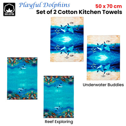 Ashdene Set of 2 Playful Dolphins Cotton Kitchen Tea Towels 50 x 70 cm Reef Exploring