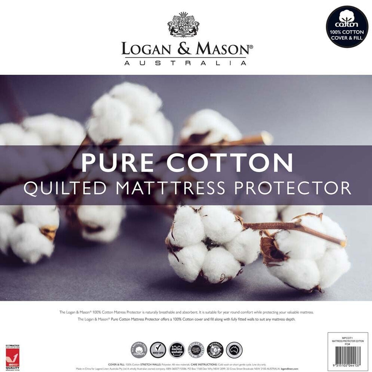 Logan and Mason Pure Cotton Mattress Protector White 45cm Wall Single