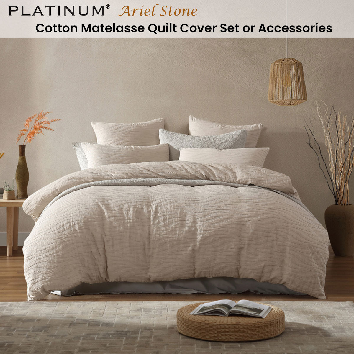 Platinum Collection Ariel Stone Cotton Matelasse Quilt Cover Set King