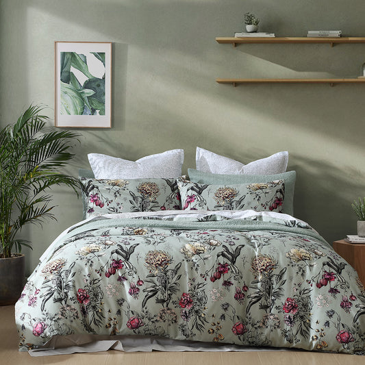 Logan and Mason 250TC Botanical Coast Sage Cotton Sateen Quilt Cover Set Queen