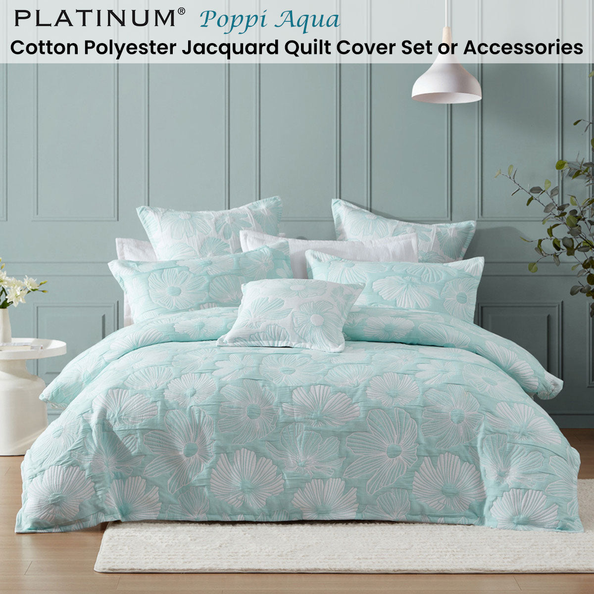 Platinum Collection Poppi Aqua Cotton Polyester Jacquard Quilt Cover Set King