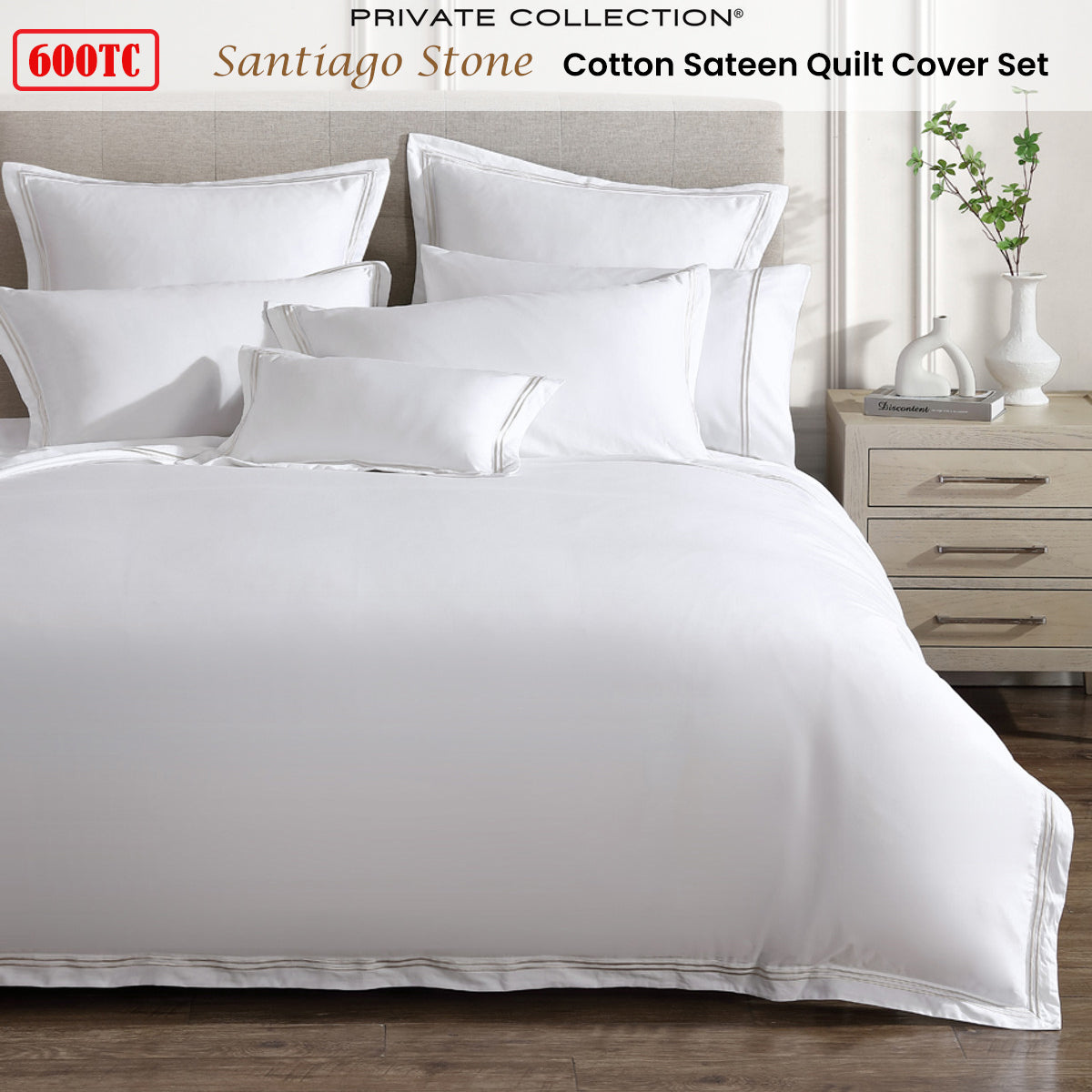 Private Collection 600TC Santiago Stone Cotton Sateen Quilt Cover Set King