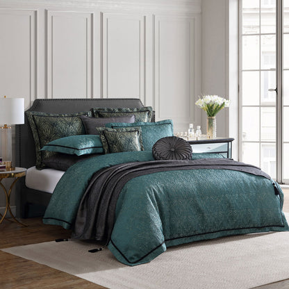 Davinci Valencia Emerald Damask Jacquard Quilt Cover Set King