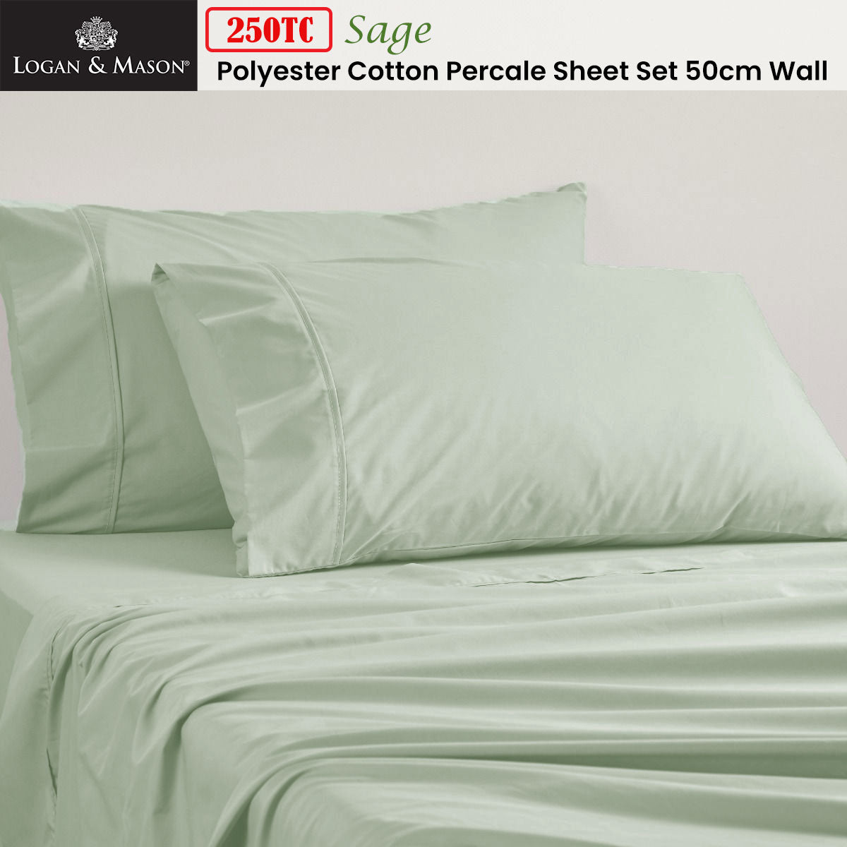 Logan and Mason 250TC 50% Polyester 50% Cotton Percale Sheet Set Sage 50cm Wall King Single