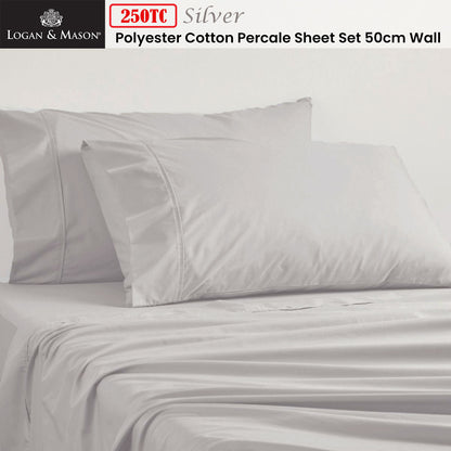 Logan and Mason 250TC 50% Polyester 50% Cotton Percale Sheet Set Silver 50cm Wall King