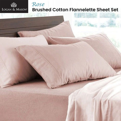 Logan and Mason Soft Brushed Cotton Flannelette Sheet Set Rose 40cm Wall Queen