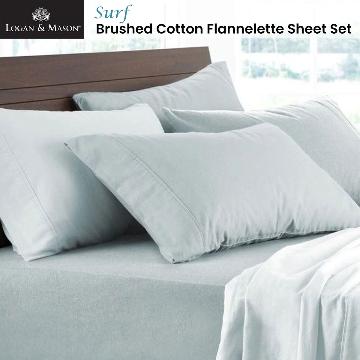 Logan and Mason Soft Brushed Cotton Flannelette Sheet Set Surf 40cm Wall King