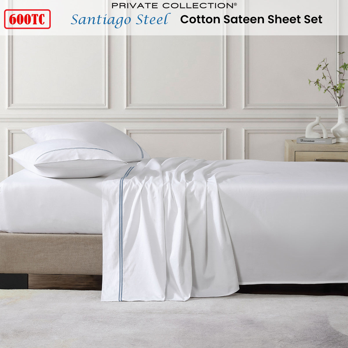 Private Collection 600TC Santiago Steel Cotton Sateen Sheet Set 50cm Wall King