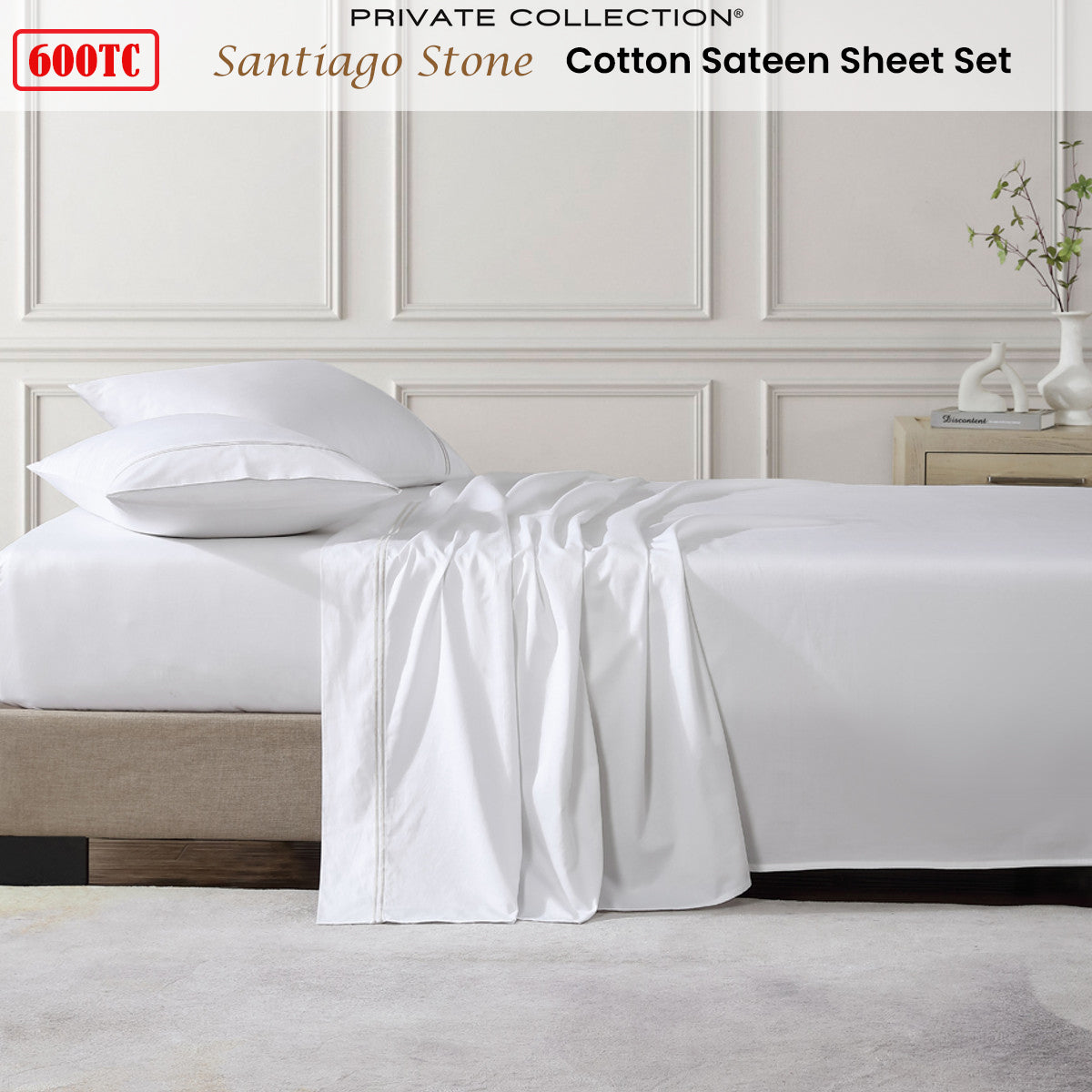 Private Collection 600TC Santiago Stone Cotton Sateen Sheet Set 50cm Wall Queen