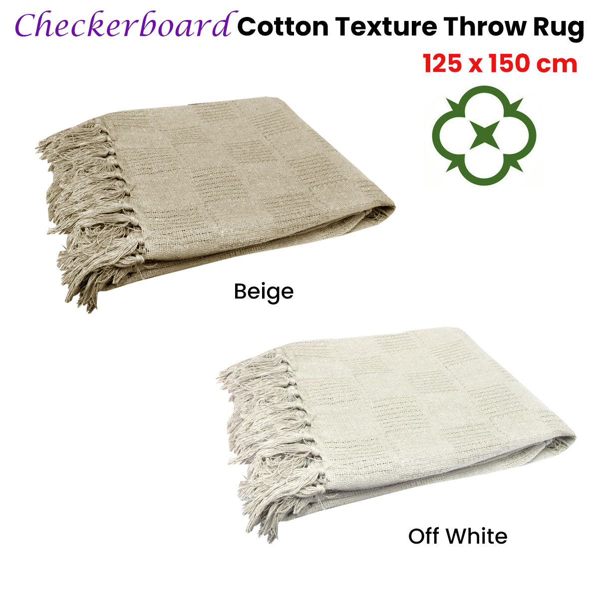 Checkerboard 100% Cotton Texture Fringe Throw Rug 125 x 150 cm Off White