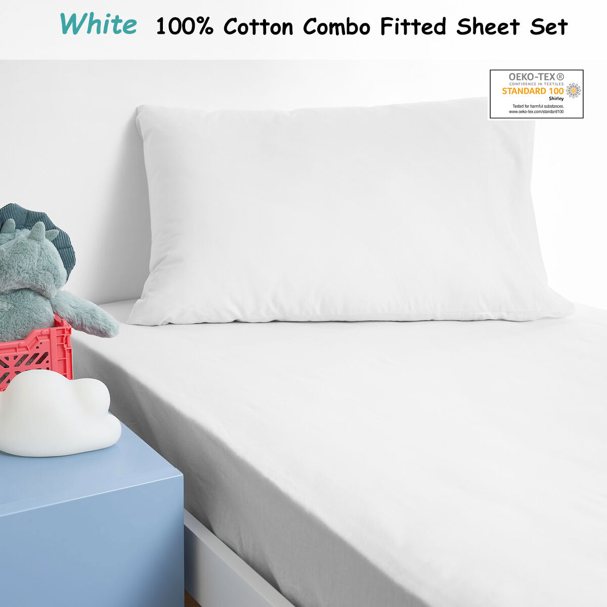 Minikins Junior Cotton Combo Fitted Sheet Set White King Single