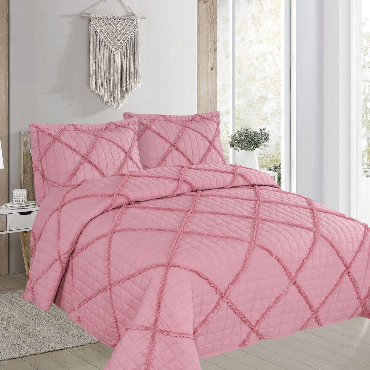 Beverley Pink 3 Pce Lightly Quilted Polyester Cotton Coverlet Set Queen