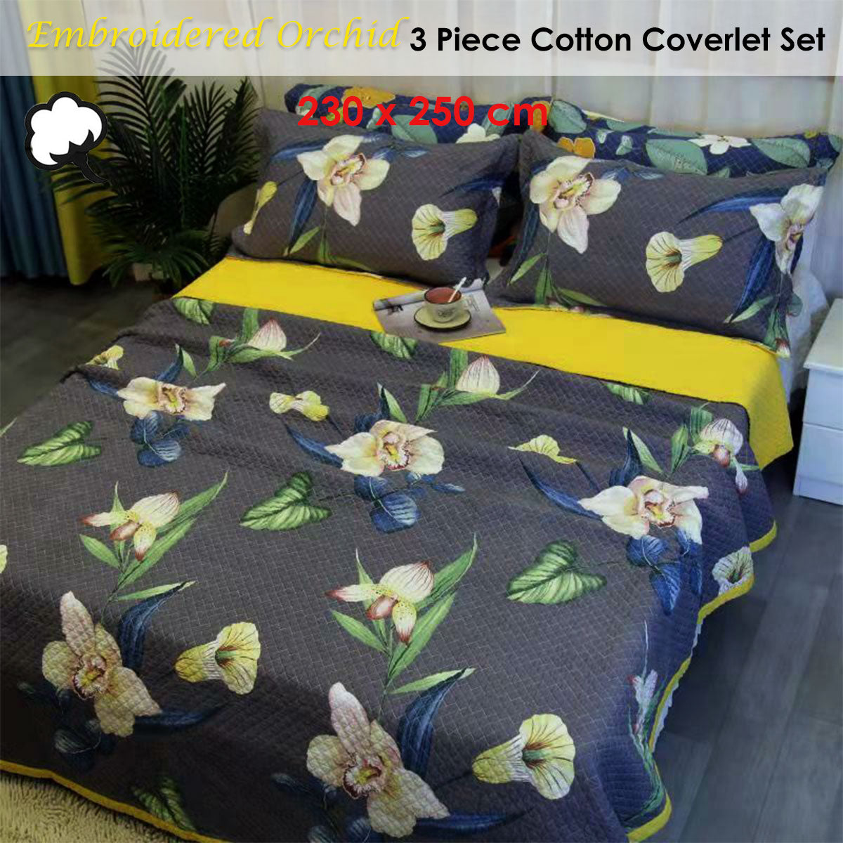 100% Cotton Coverlet Set Embroidered Orchid Queen