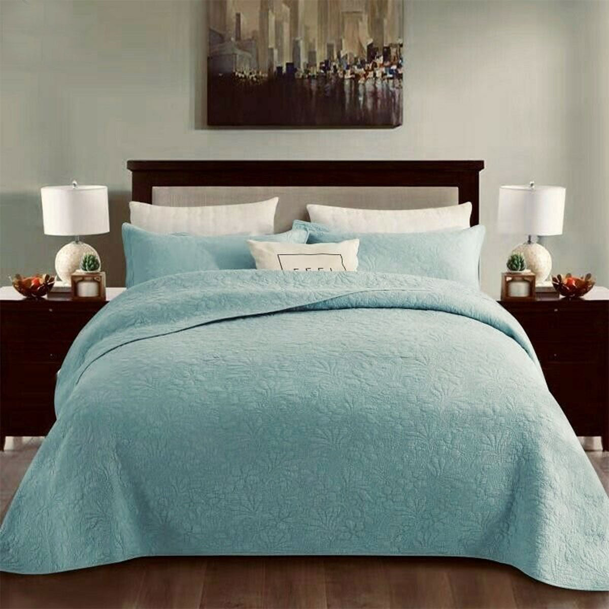 100% Cotton Coverlet Set Floral Turquoise King