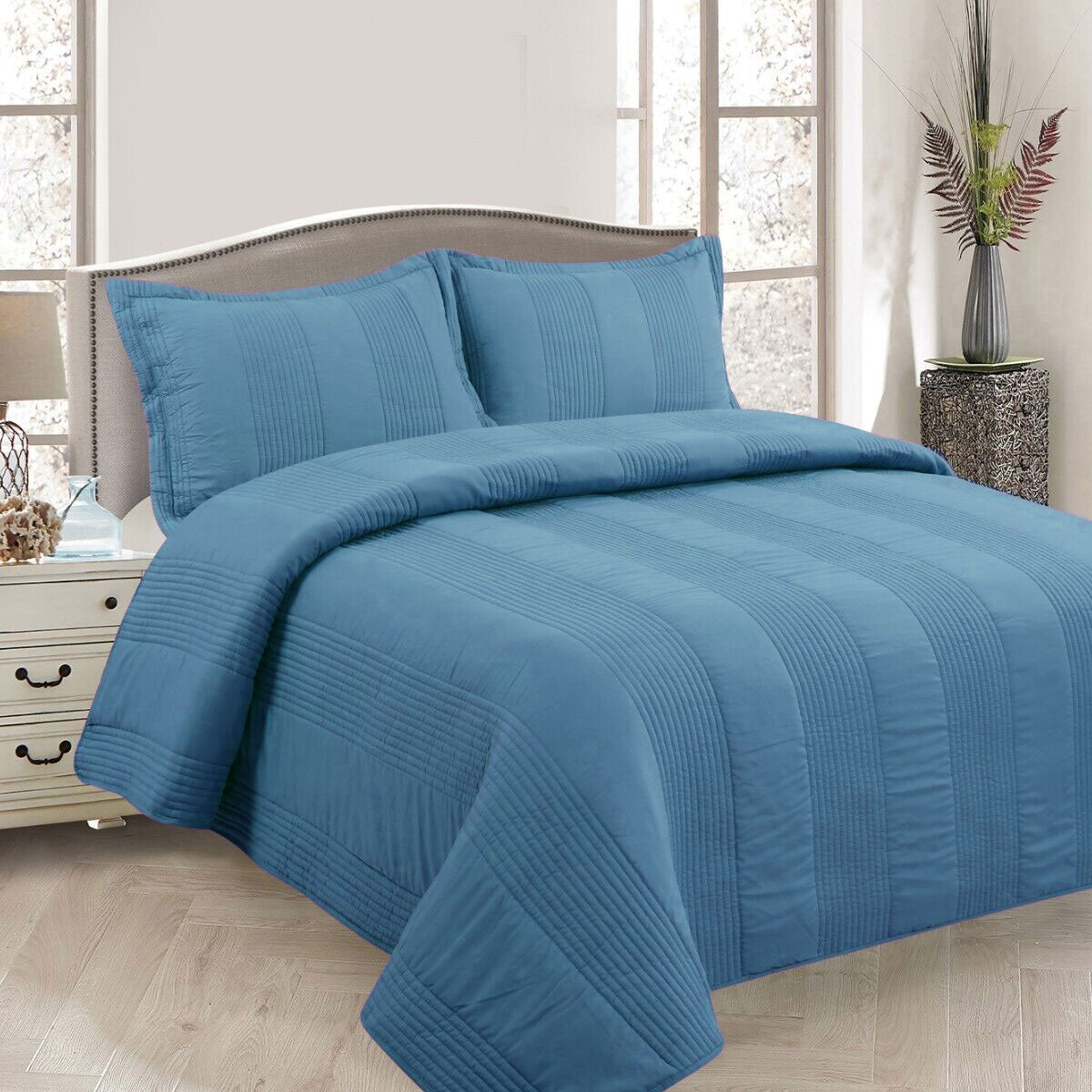 Lewis Blue 3 Pce Lightly Quilted Polyester Cotton Coverlet Set Queen