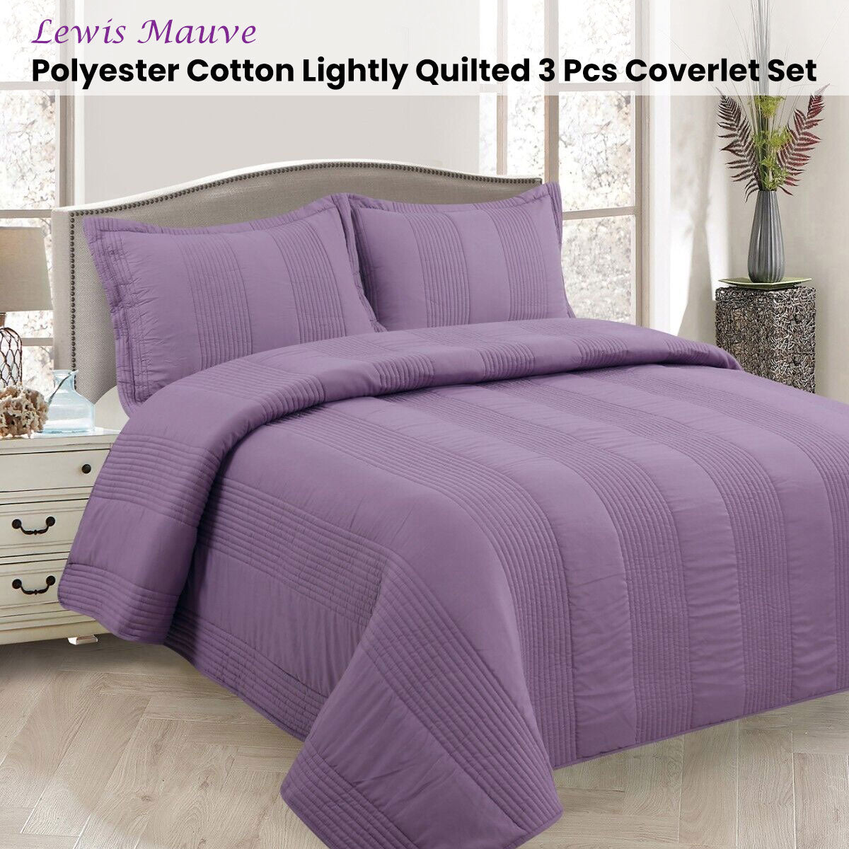 Lewis Mauve 3 Pce Lightly Quilted Polyester Cotton Coverlet Set Queen