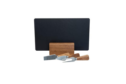 4pc Euroline Slate Wood 30cm Cheese Board w/ Plane Knife / Fork - Brown